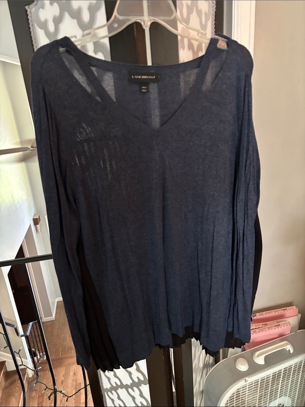 Lane Bryant Navy Knit V-Neck Sweater with black sheer back